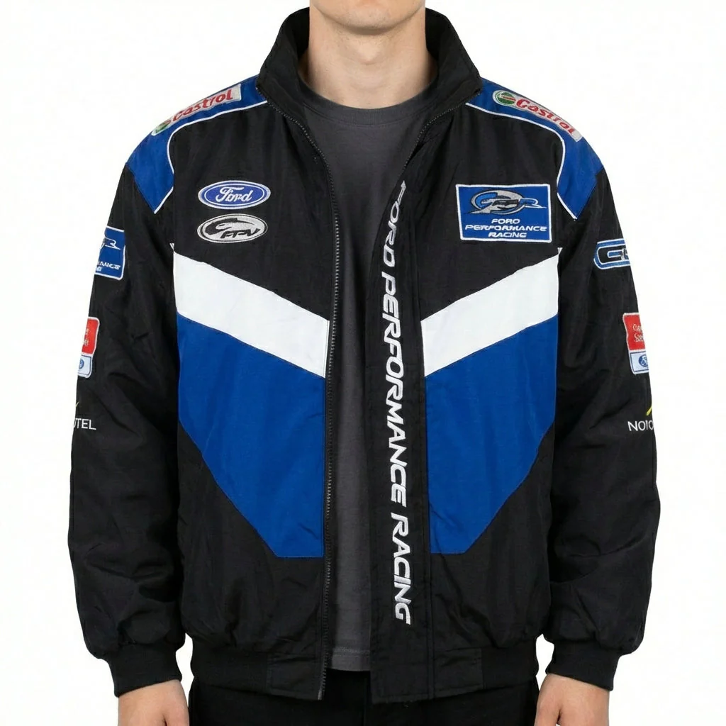 Ford Performance Racing Embroidered Racing Jacket Black/Blue | Zip-Front Motorsport Team Outerwear - Image 2