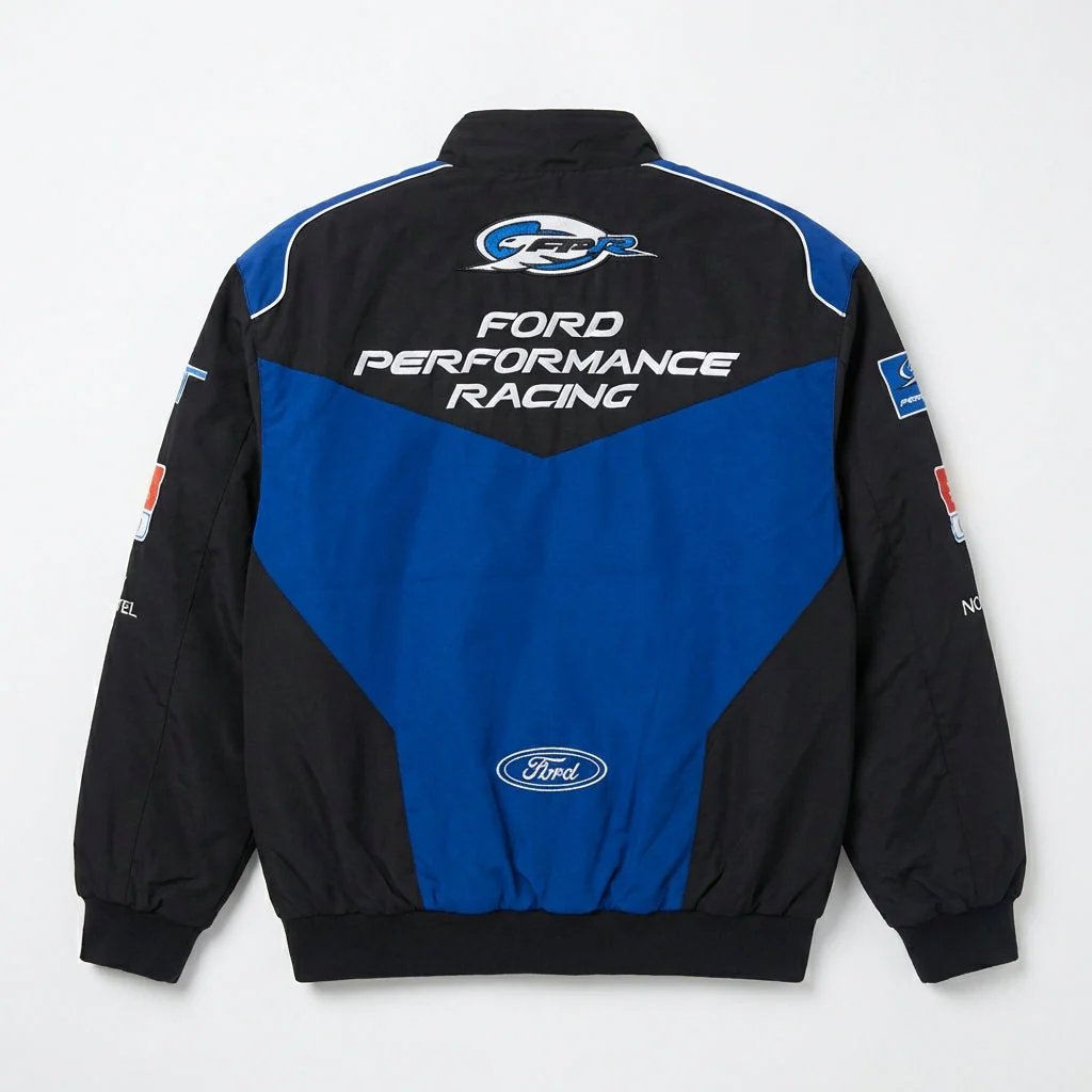 Ford Performance Racing Embroidered Racing Jacket Black/Blue | Zip-Front Motorsport Team Outerwear - Image 3