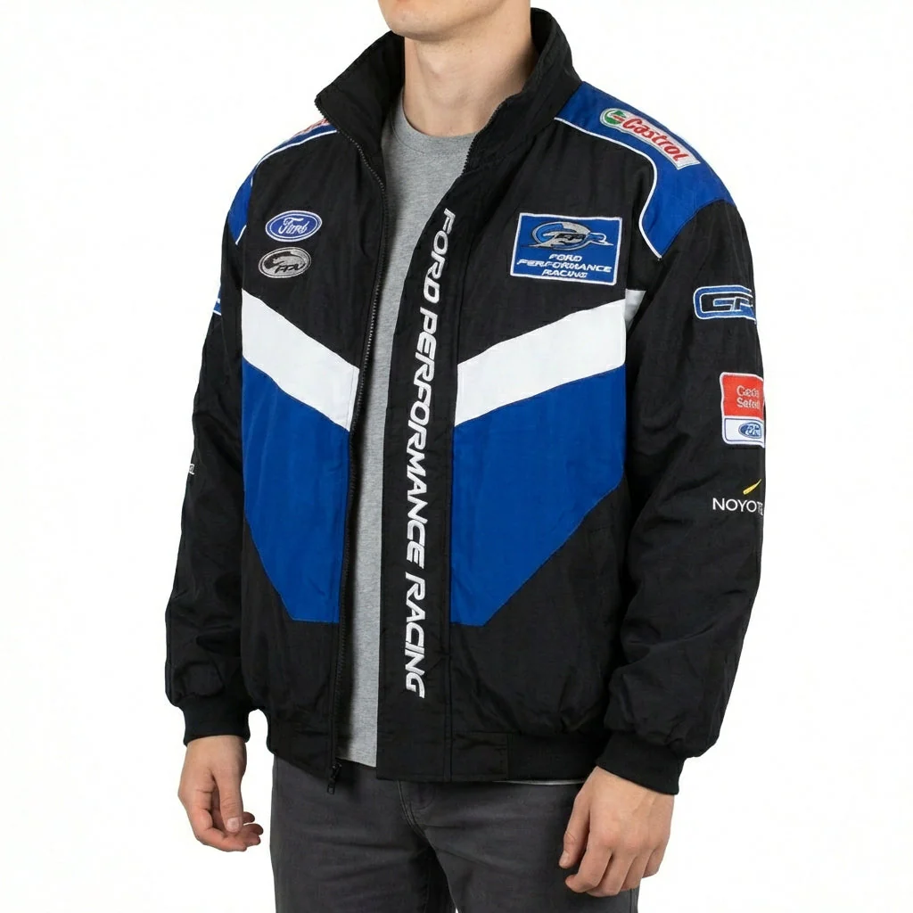 Ford Performance Racing Embroidered Racing Jacket Black/Blue | Zip-Front Motorsport Team Outerwear - Image 5