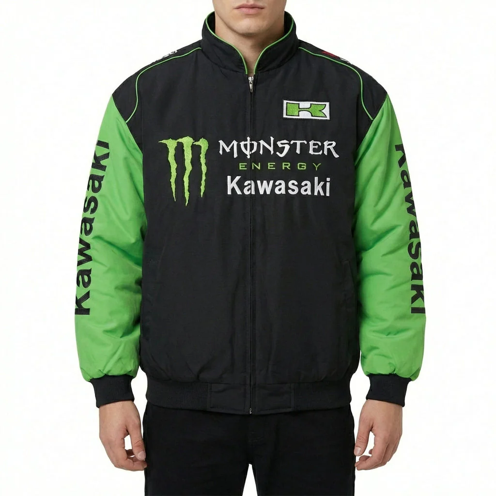 Kawasaki Monster Energy Zip-Up Racing Jacket Black/Green | Motocross Team Logo Bomber - Image 2