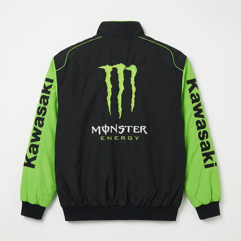 Kawasaki Monster Energy Zip-Up Racing Jacket Black/Green | Motocross Team Logo Bomber - Image 3