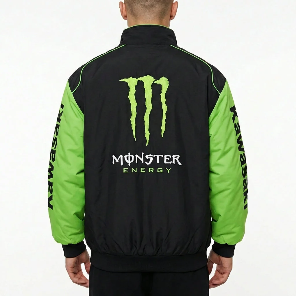 Kawasaki Monster Energy Zip-Up Racing Jacket Black/Green | Motocross Team Logo Bomber - Image 4