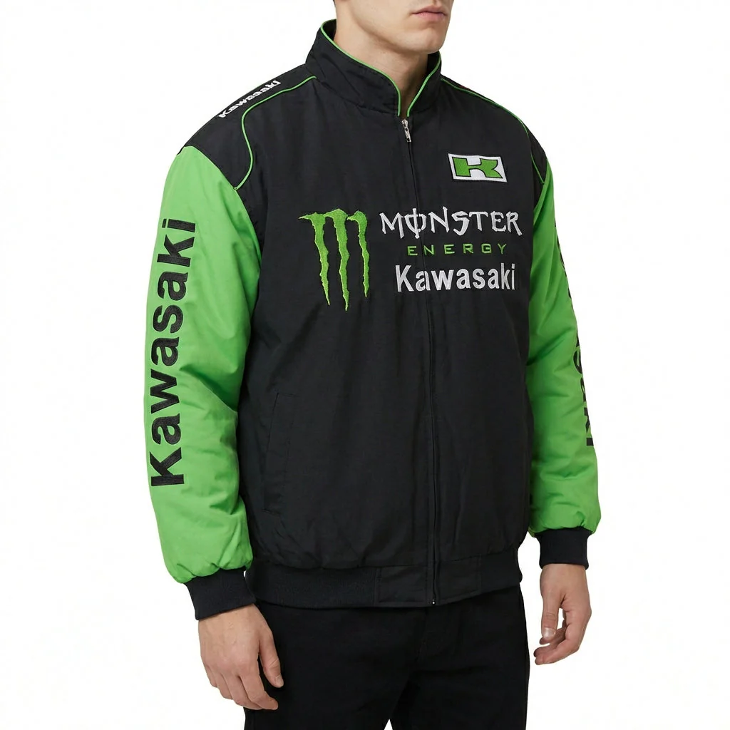Kawasaki Monster Energy Zip-Up Racing Jacket Black/Green | Motocross Team Logo Bomber - Image 5