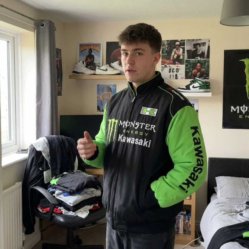Kawasaki Monster Energy Zip-Up Racing Jacket Black/Green | Motocross Team Logo Bomber - Image 6