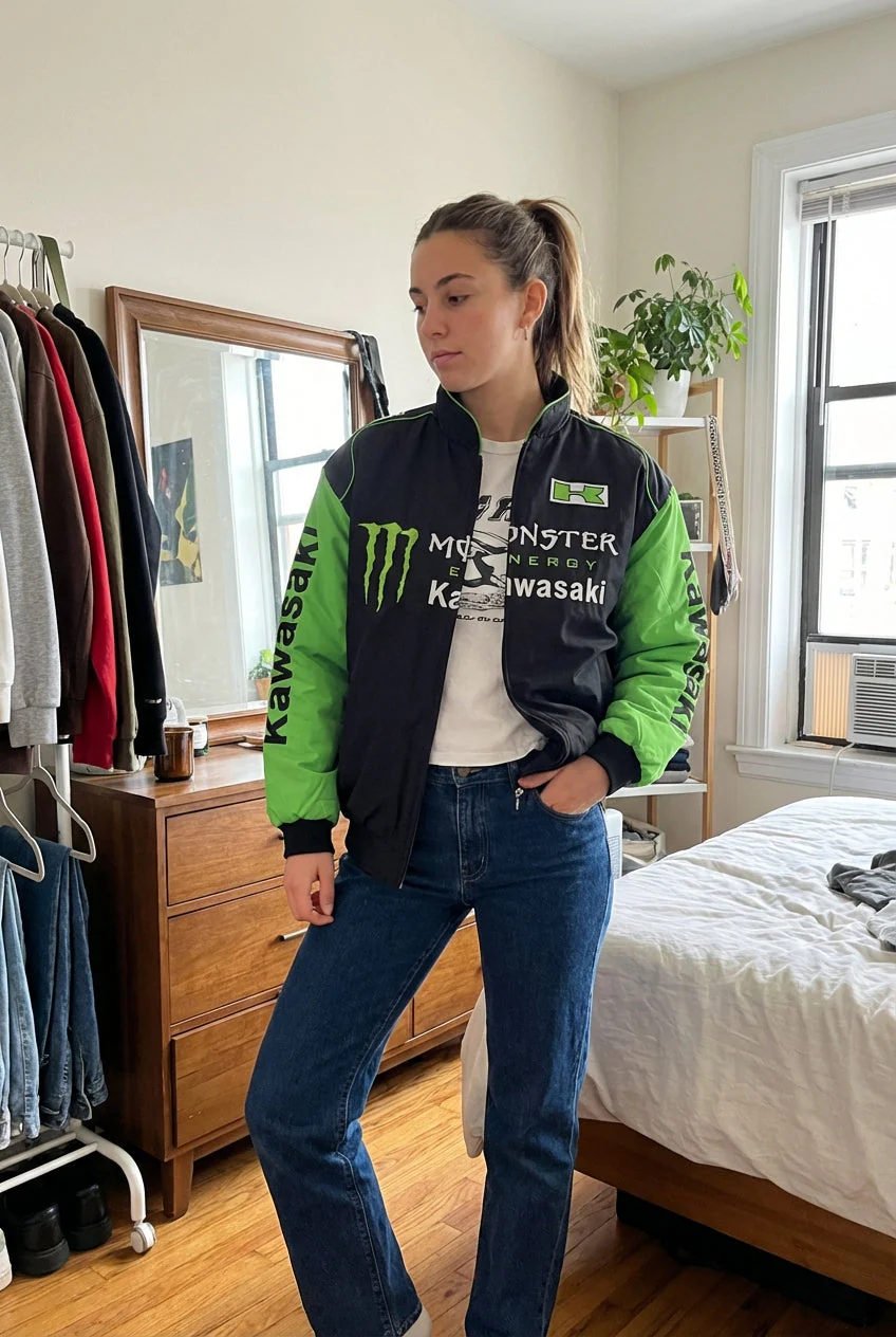 Kawasaki Monster Energy Zip-Up Racing Jacket Black/Green | Motocross Team Logo Bomber - Image 7