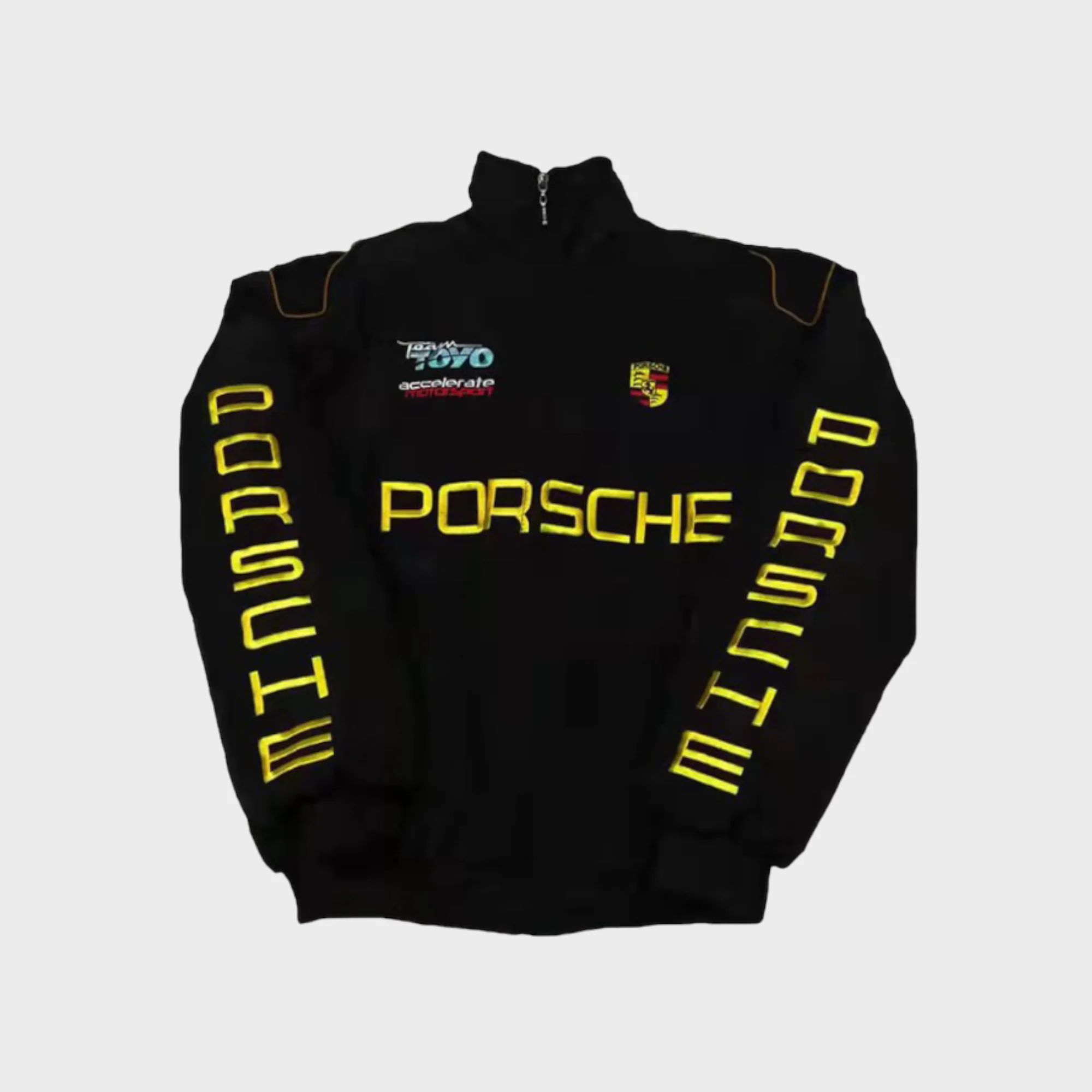 Porsche Racing Team Jacket – Black Motorsport Zip-Up with Yellow Embroidered Logos - Image 2