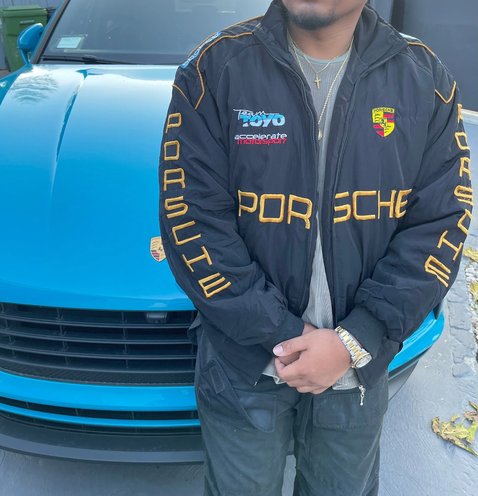 Porsche Racing Team Jacket – Black Motorsport Zip-Up with Yellow Embroidered Logos - Image 4