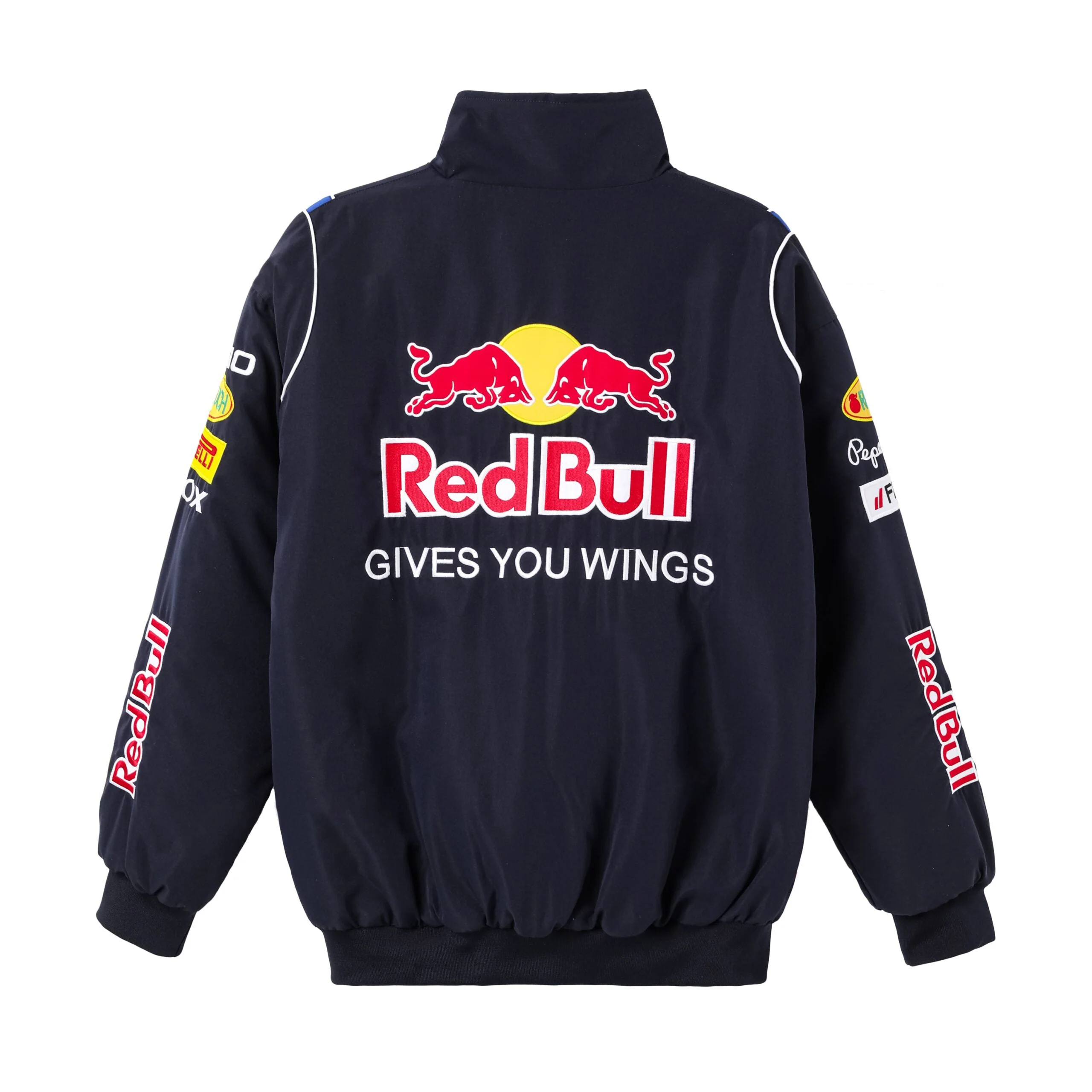 Red Bull Racing F1 Team Jacket - Navy Blue Motorsport Bomber with Embroidered Sponsors - Image 3