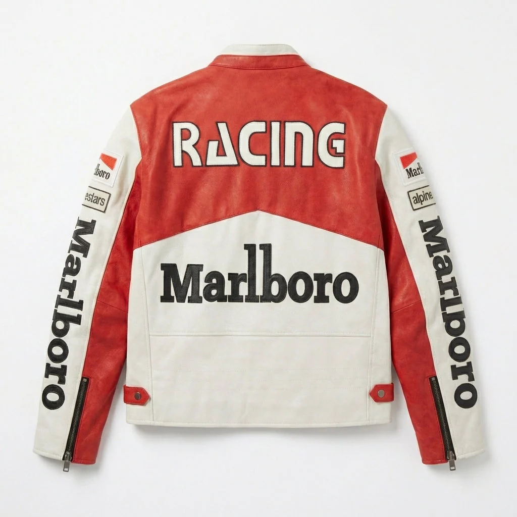 Marlboro Racing Color Block Jacket Red White | Zip Front Patched Logo Moto Style - Image 3
