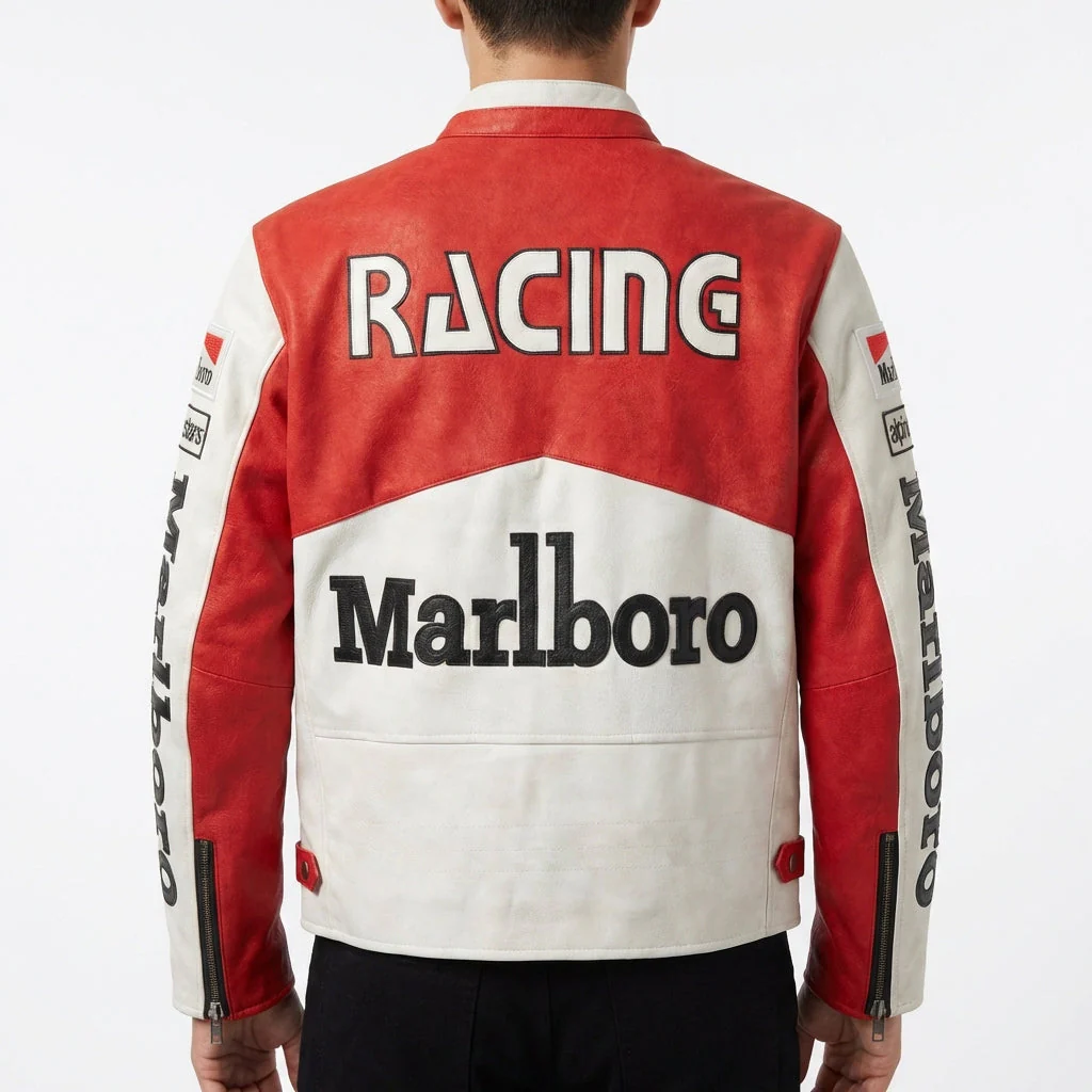 Marlboro Racing Color Block Jacket Red White | Zip Front Patched Logo Moto Style - Image 4