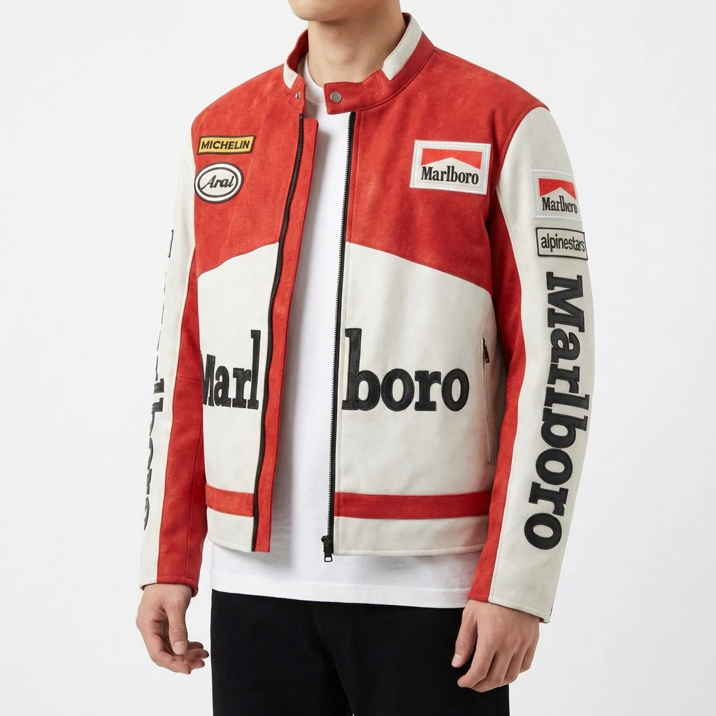 Marlboro Racing Color Block Jacket Red White | Zip Front Patched Logo Moto Style - Image 5