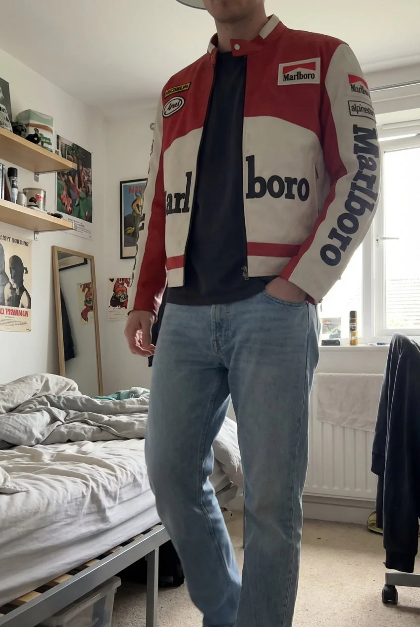 Marlboro Racing Color Block Jacket Red White | Zip Front Patched Logo Moto Style - Image 7